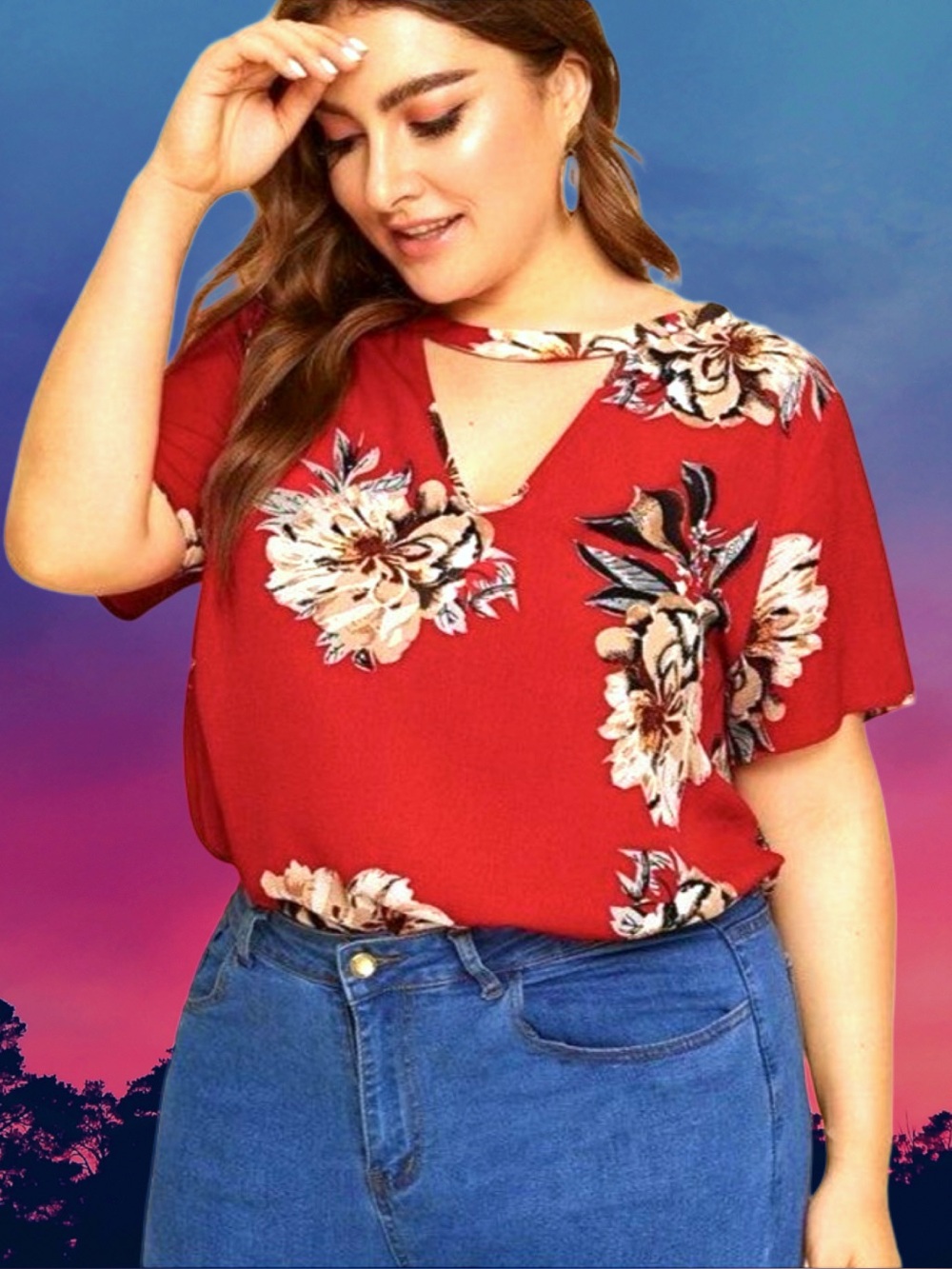 🆕Women’s plus-size Bright Red Floral Short-sleeve Cut-Out Blouse💜💜2X/3X